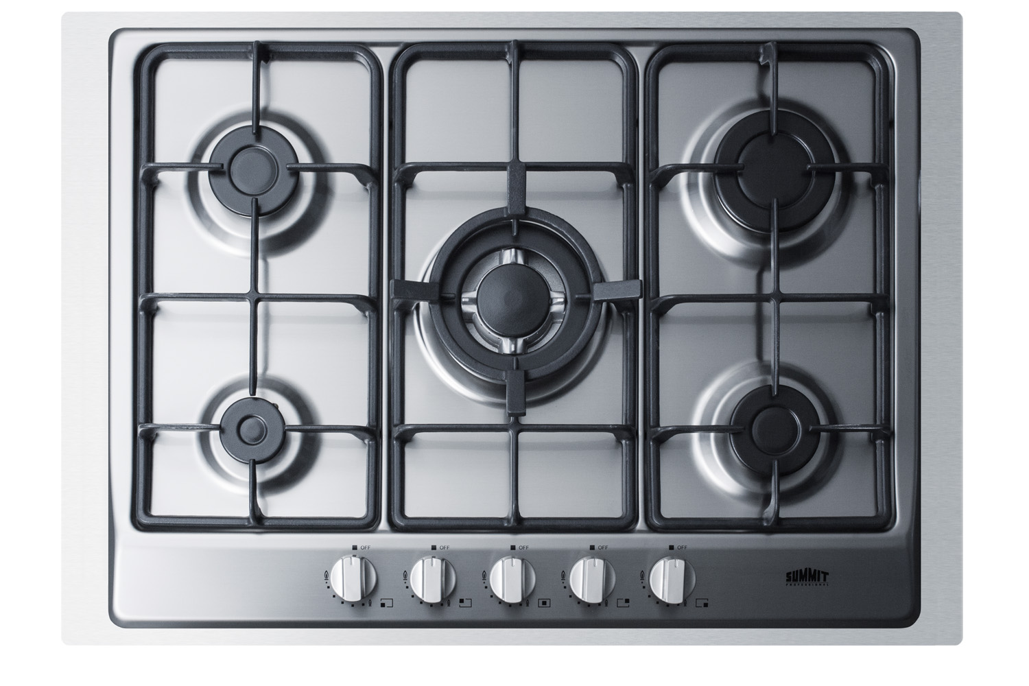 5-burner gas cooktop made in Italy in a stainless steel finish with sealed burners, cast iron grates, and wok stand; fits standard 24